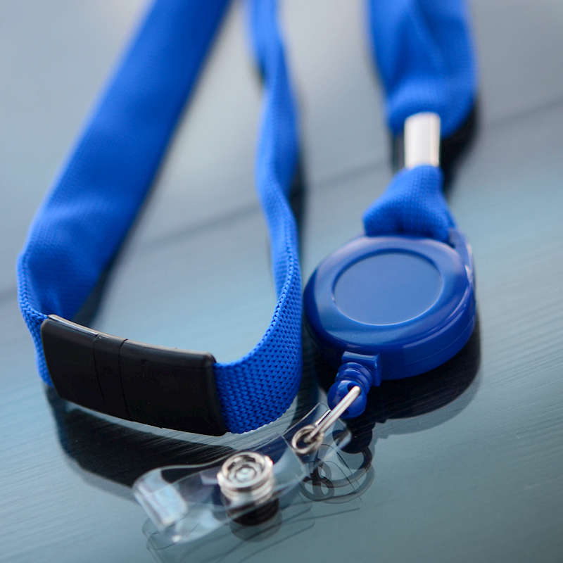 Blue 16mm flat polyester lanyard with safety buckle with blue badge reel with vinyl strap