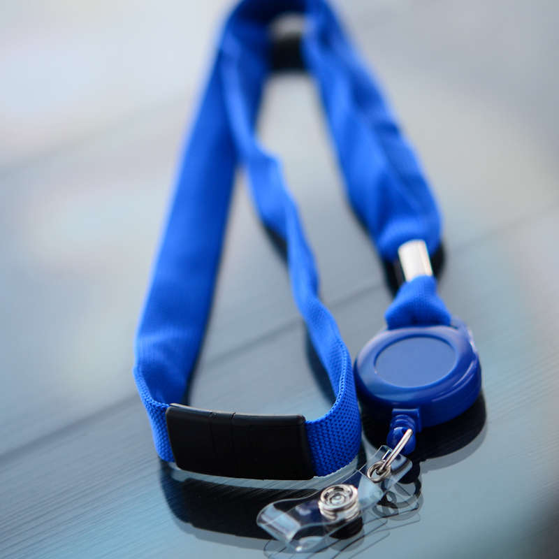 Blue 16mm flat polyester lanyard with safety buckle with blue badge reel with vinyl strap