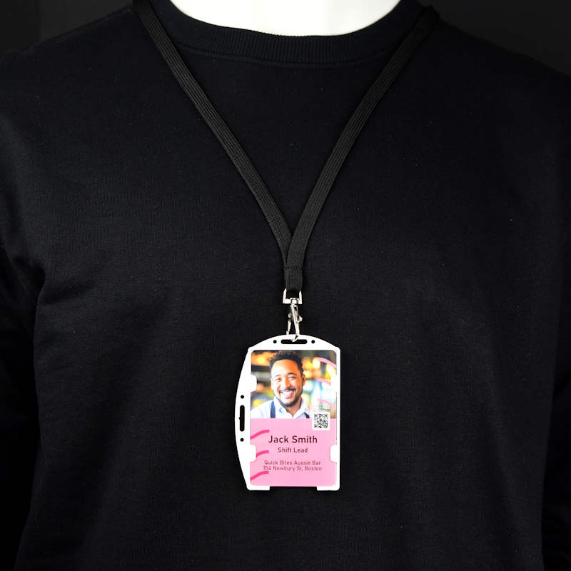 Black Double sided twin ID-card holder for two standard size ID-cards. Can be worn vertically or horizontally. Each card is on separate sides of the card holder.