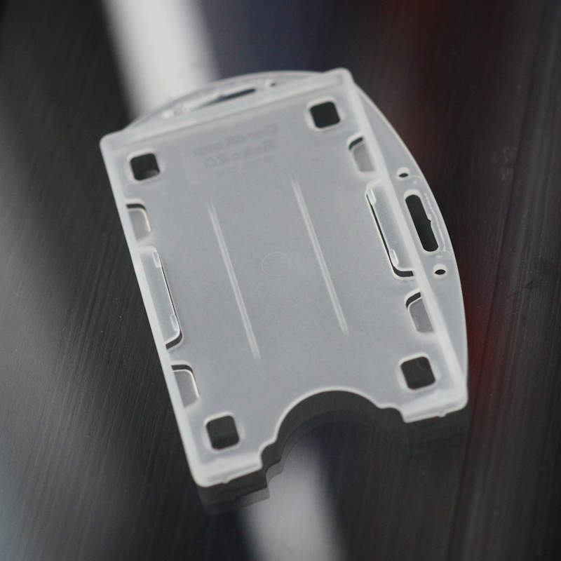 Translucent Double sided twin ID-card holder for two standard size ID-cards. Can be worn vertically or horizontally. Each card is on separate sides of the card holder.