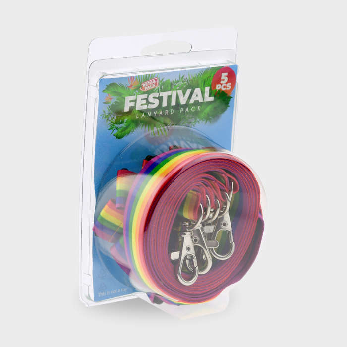 Rainbow color Rainbow colored 3/4" or 20mm lanyard with safety buckle and trigger snap swivel hook. Available in large quantities starting from 100 pcs on our webshop. Lanyards are made in the European Union.