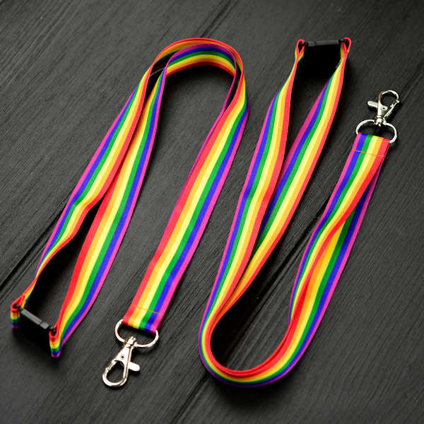 Rainbow color Rainbow colored 3/4" or 20mm lanyard with safety buckle and trigger snap swivel hook. Available in large quantities starting from 100 pcs on our webshop. Lanyards are made in the European Union.