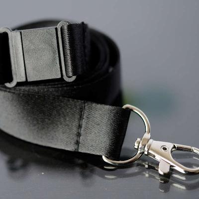 Black 20mm flat polyester satin lanyard with safety buckle and trigger snap swivel hook