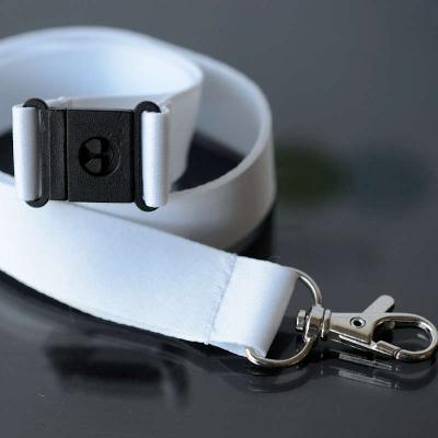 White 20mm flat polyester satin lanyard with safety buckle and trigger snap swivel hook
