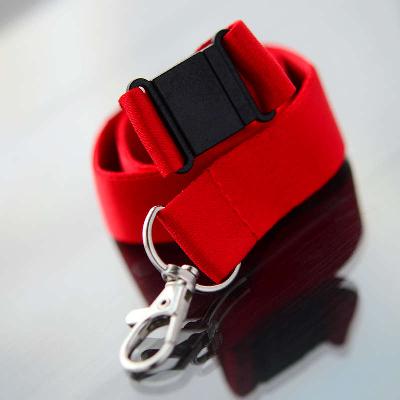 Red 20mm flat polyester satin lanyard with safety buckle and trigger snap swivel hook