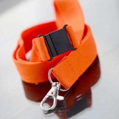 Orange 20mm flat polyester satin lanyard with safety buckle and trigger snap swivel hook
