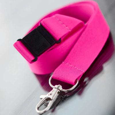 Fuchsia 20mm flat polyester satin lanyard with safety buckle and trigger snap swivel hook