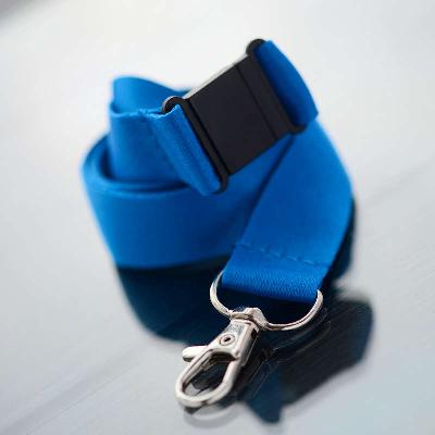 Blue 20mm flat polyester satin lanyard with safety buckle and trigger snap swivel hook