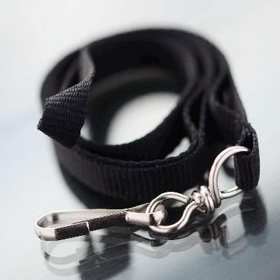 Black Easy Economy 10mm flat lanyard with swivel J-hook, comes without a safety break