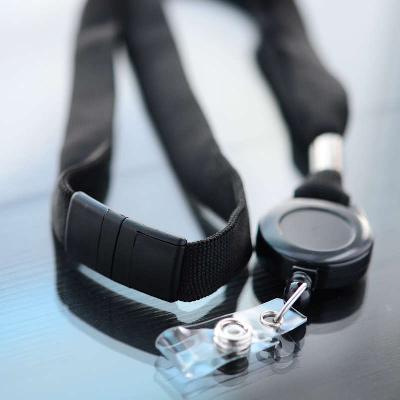Black 16mm flat polyester lanyard with safety buckle with black badge reel with vinyl strap