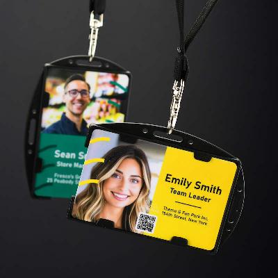 Black Double sided twin ID-card holder for two standard size ID-cards. Can be worn vertically or horizontally. Each card is on separate sides of the card holder.