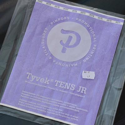 Lavender Tyvek Tens wristband with a permanent closure. Prenumbered in sequential order.